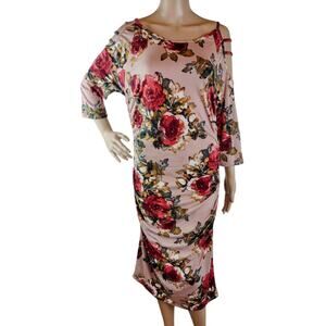 MINETTE  Women's Midi Floral Dress 1X Polyester Spandex Mauve Red  Cut-Out